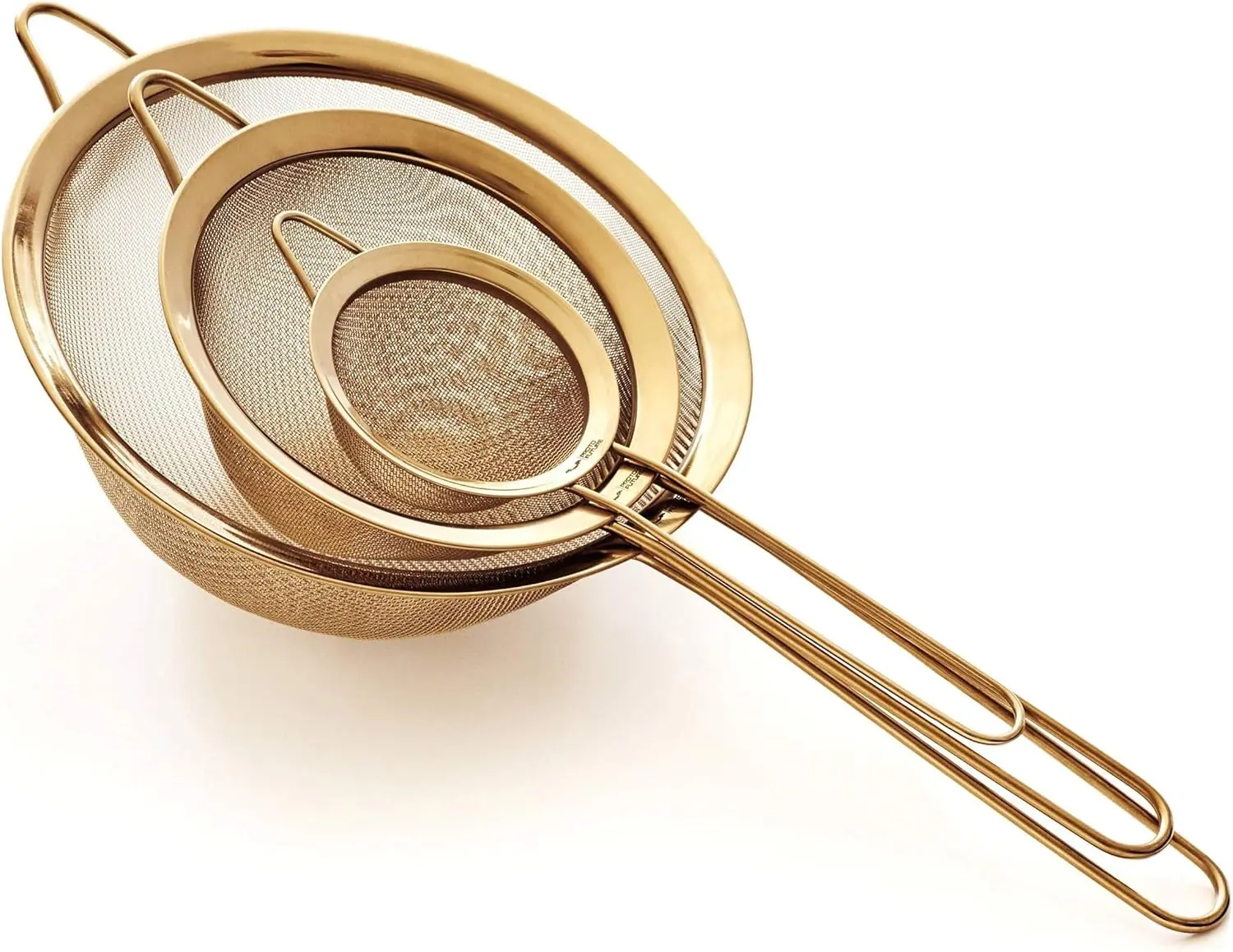 3Pcs 304 Stainless Steel Strainer Set Fine Mesh Kit, 8″, 5.5″ and 3.3″ Sturdy Kitchen Strainers for Pasta, Vegetables, Fruits, Rice, Quinoa, Almond Milk, Smoothies, Flour, Sauces, Gravy and More (Gold)