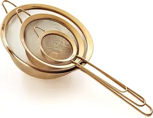 3Pcs 304 Stainless Steel Strainer Set Fine Mesh Kit, 8″, 5.5″ and 3.3″ Sturdy Kitchen Strainers for Pasta, Vegetables, Fruits, Rice, Quinoa, Almond Milk, Smoothies, Flour, Sauces, Gravy and More (Gold)