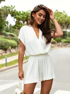 ZAFUL Women's Solid Color Chiffon Jumpsuit - Loose Fit V-Neck, Short Sleeve with Pleated Detail, Machine Washable, Stylish Commuter Wear Womenswear Overalls Rompers