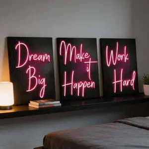3Pcs/Set "Dream Big, Make It Happen, Work Hard" 3-Piece Neon Effect Canvas Wall Art Set, Pink Motivational Prints, Modern Inspirational Decor for Office, Teen Room & Home Gym, 12X16in Framed