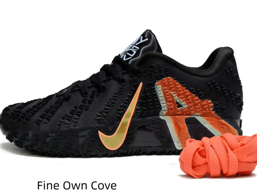 Fashion vintage casual athletic sneakers, stylish all-black tone with orange decorative details, shock-absorbing sole for commuting, outdoor sports and cool street fashion matching.