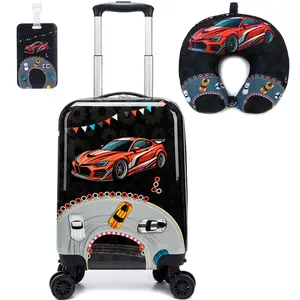 Heavy Duty Wheeled Suitcase Set for Kids 3-Pcs, Lightweight Hard Shell Travel Luggage with Matching Neck Pillow, Trendy Sports Car Gift for Students portable