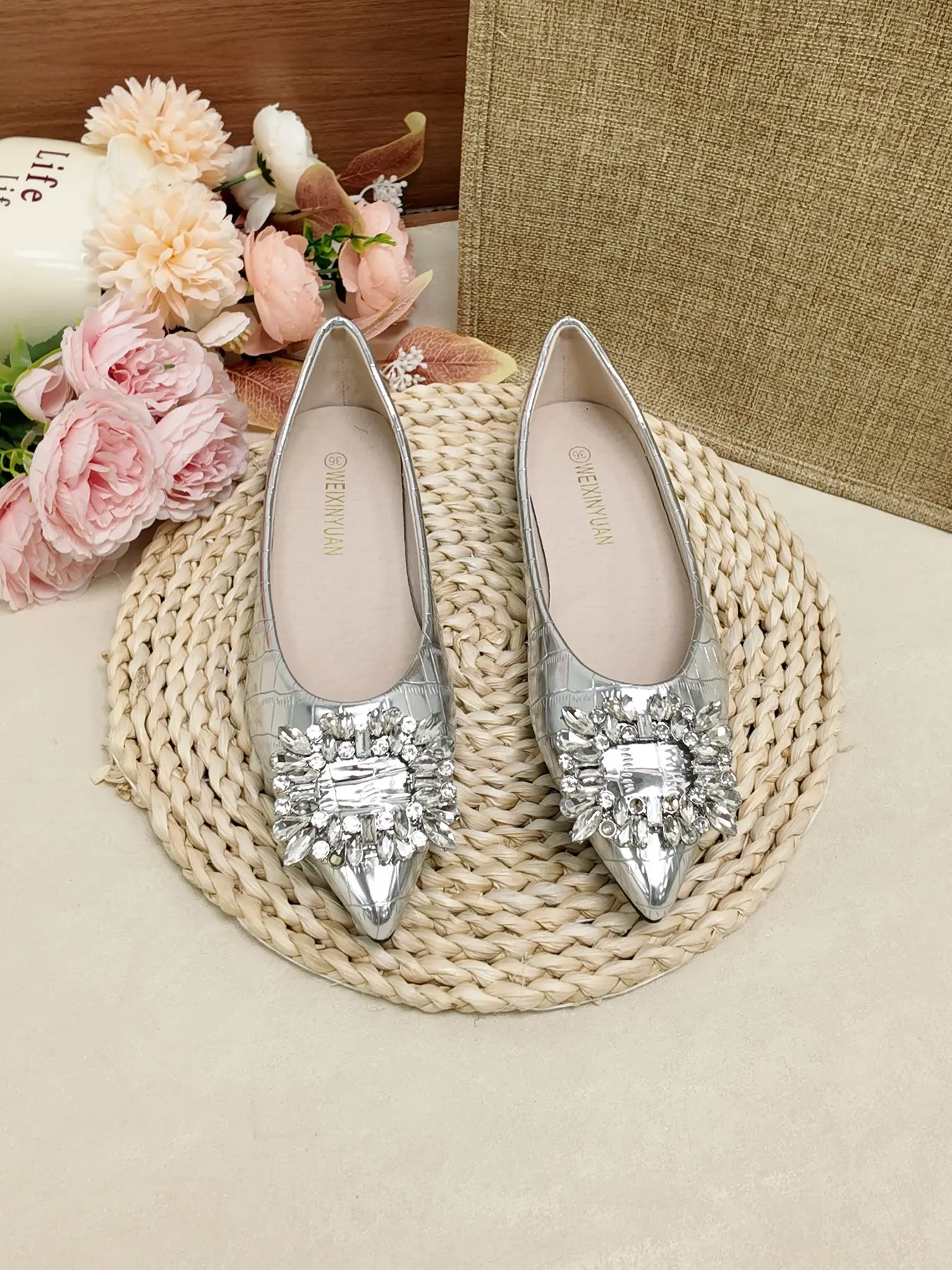Elegant Stylish Classy Rhinestone Pointed Toe Shoes, Glossy Soft Rubber Sole Low Heel Slip-Ons, Professional Office Style Women's Footwear
