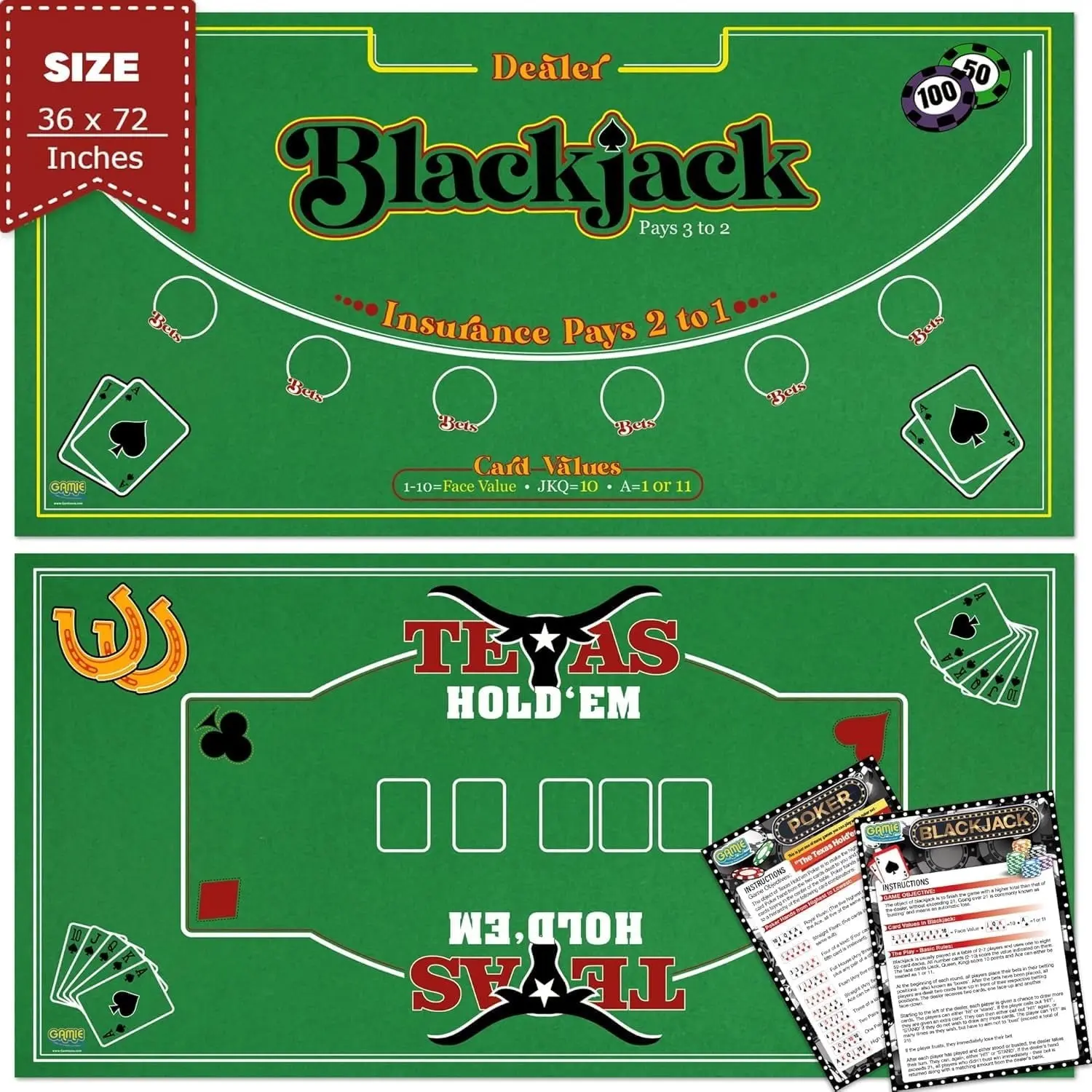 ArtCreativity Double-Sided Felt Casino Mat - 2-in-1 Blackjack and Poker Tabletop Mat, 36in x 72in, Includes Instructions, Gift Ideas for Beginners, Birthday Ready