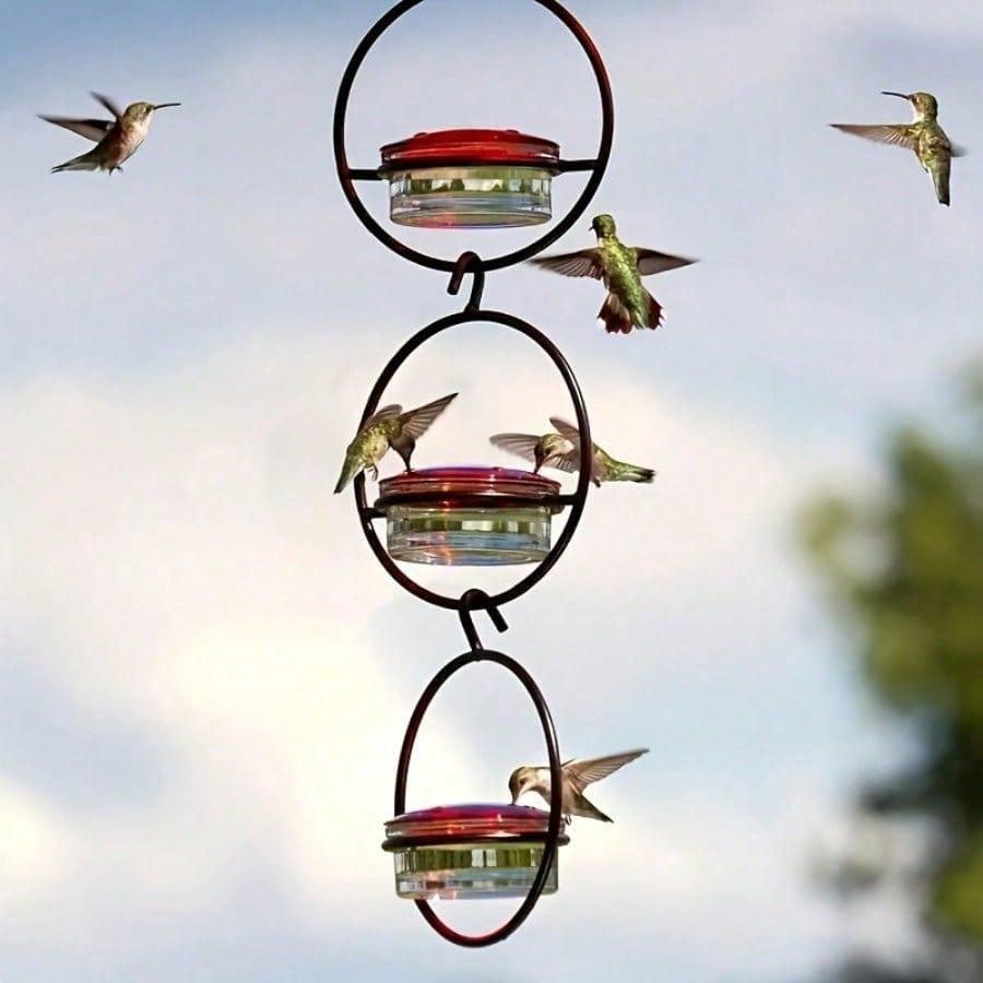 3pcs Metal Hanging Hummingbird Feeder With Red Plastic Bottle, Transparent Design & Perches,Attracts Birds To Garden, Outdoor Use, Hummingbird Feeders For Outdoors Hanging, Bird Feeding Station, Decorative Bird Feeder, Durable Bird Feeder