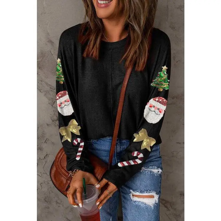 Christmas Element Sequin Round Neck T-Shirt