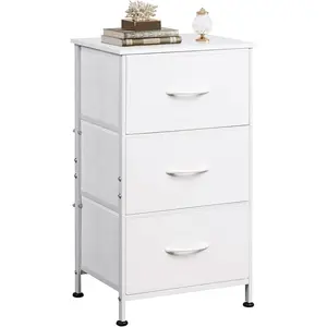 Nightstand with 3 Drawers, Fabric Dresser, Organizer Unit, Storage Dresser for Bedroom, Hallway, Entryway, Closets, Sturdy Steel Frame,  Top, Easy Pull Handle, White