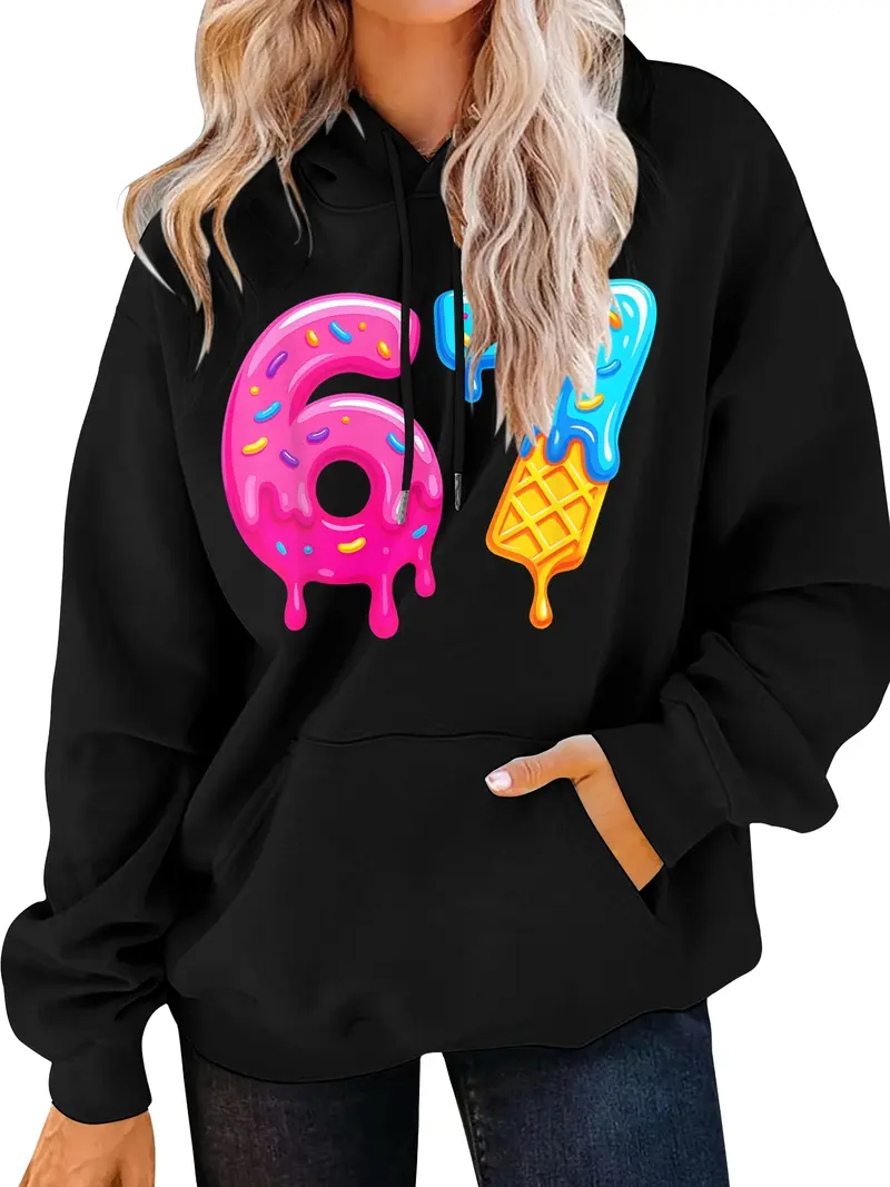 Women's 67 Stem Ice Cream Drip Hoodie - Fun Number 67 Pattern Sweatshirt with Kangaroo Pocket, Warm Long Sleeve Autumn Winter Sweater, 67 Fan Casual Creative Pullover (Hand Washable)