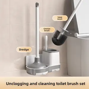 Toilet brush and toilet plug combination set for cleaning without dead corners, wall-mounted household bathroom cleaning kit
