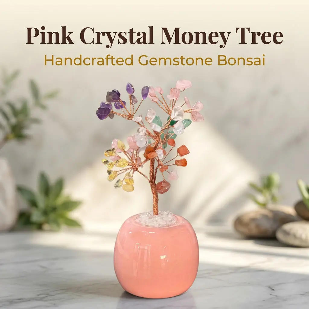 Pink Crystal Money Tree Handcrafted Gemstone Bonsai Feng Shui Wealth Tree Positive Energy Chakra Healing Home Office Desk Decor Gift