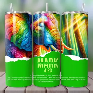 Vibrant Elephant Tumbler with Mark 4:23 Verse