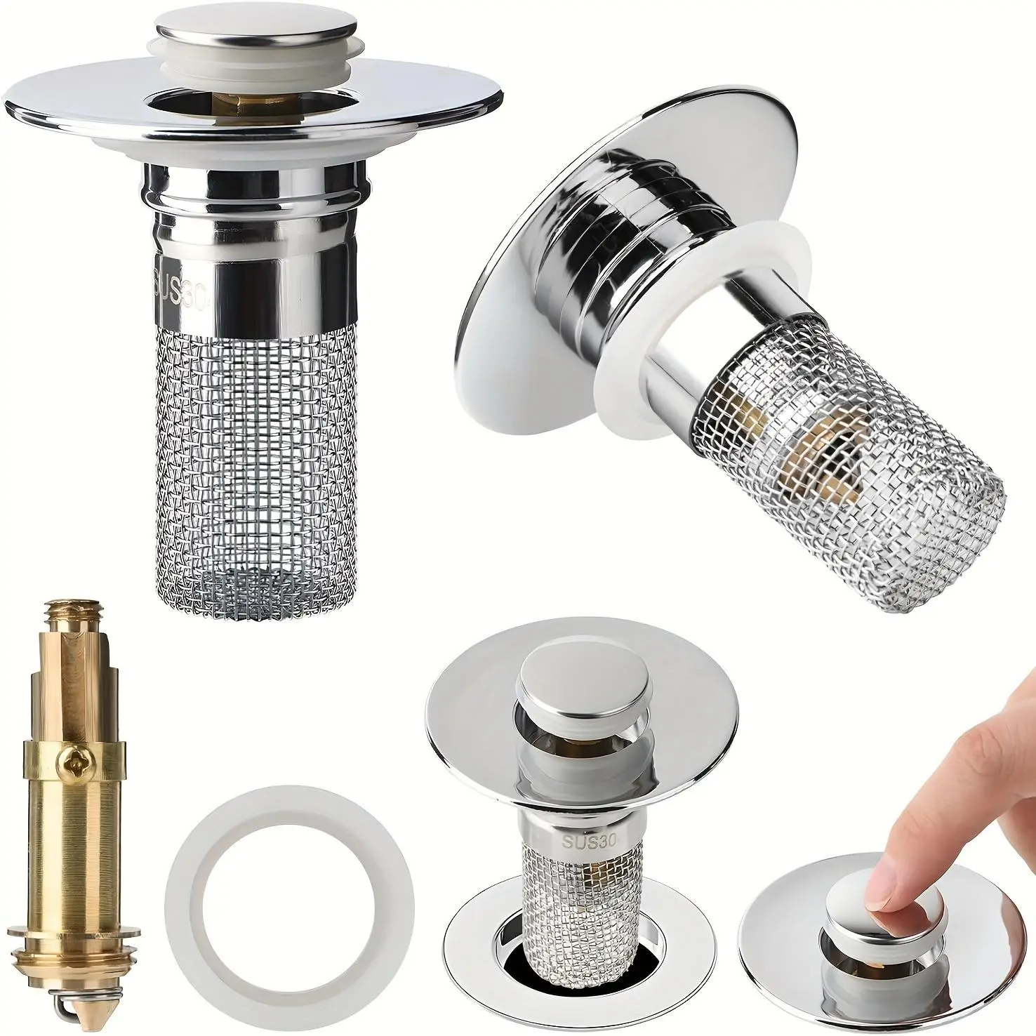 Stainless Steel Modern Rustproof Mesh Tub Drain Stopper with Bouncing Core & Brass Pop-Up Plug, High-Pressure Handheld Shower Head for Bathroom Home Supplies, Rustproof Drain Stoppers