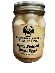 Pepper Belly Pete's Spicy Pickled Quail Eggs 16 fl oz Tangy Vinegar Jalapeno Blend for Spicy Dishes with Jalapeno Peppers Salt Garlic & Spices