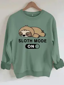Women's Casual Cartoon Sloth Pattern Pullover Sweatshirt, Soft Long Sleeve Round Neck, All-Season Comfort