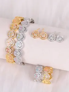 Fashion 18k Gold-Plated Zircon Lighting Enameled Eyes Laugh Face Bangle Ring & Happy Face Ear Studs Jewelry Set for Men Women