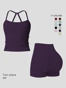 Women's Sporty Quick-Dry Two-piece Set, Solid Backless Cami Top & High Waist Tummy Control Butt-Lifting Shorts Tracksuit Set, Sleeveless Spaghetti Strap Crop Top & Skinny Shorts, Ladies Sportswear for Indoor Outdoor Wear, Yoga Gym Running Wear