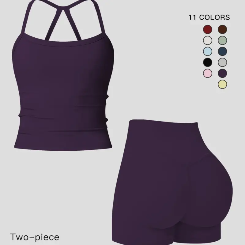 Women's Quick-Dry Two-piece Set, Women Workout Clothes: Solid Backless Sleeveless Spaghetti Strap Cami Crop Top & High Waist Tummy Control Butt-Lifting Skinny Shorts, Indoor Outdoor, Yoga Gym Running Wear