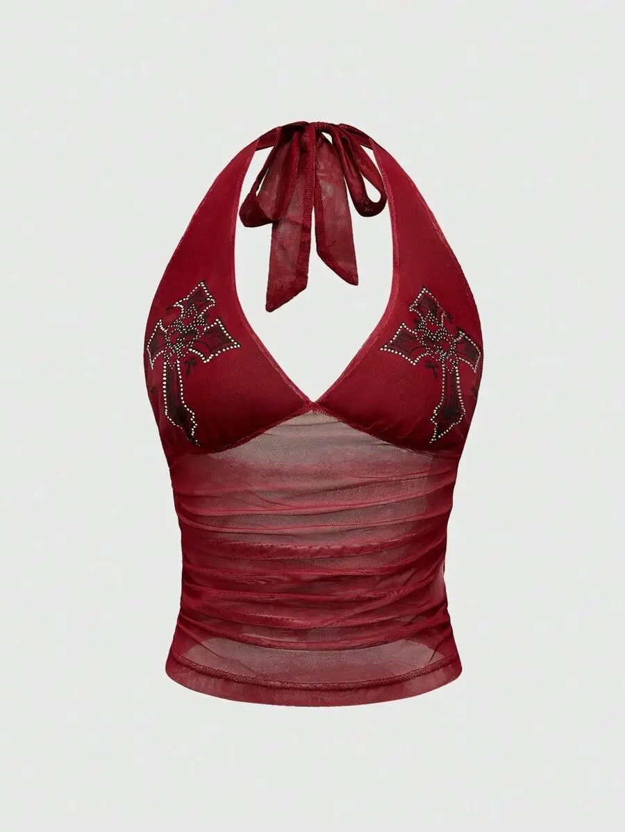 Glamine Goth Cross Rhinestone Mesh Side Ruched Halter Top, For Carnival