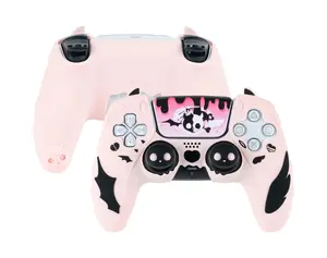 GeekShare PS5 Controller Skin Set,Anti-Slip Silicone Protective Cover Skin for PlayStation 5 Wireless Controller, with 2 Thumb Grip Caps and 2 Stickers - Sweetheart Skull Black / Pink