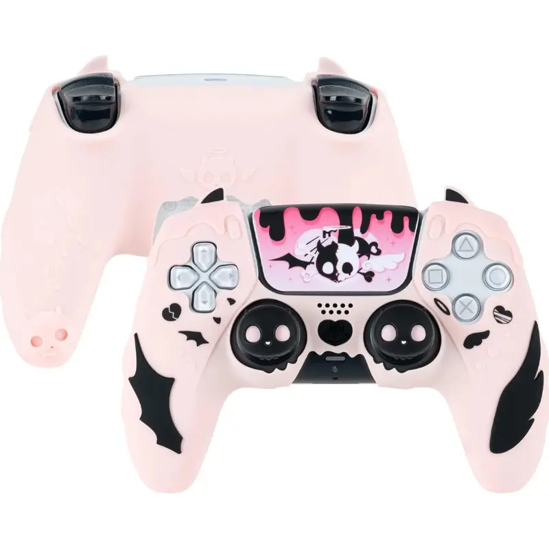 GeekShare PS5 Silicone Controller Skin Set, Anti-Slip Surface Protection Cover with Airflow Grip Dots, 2 Thumb Grip Caps, 2 Customized Stickers - Sweetheart Skull Black-Pink (Game Peripherals, PS5 Accessories, Enhance Gaming Experience)