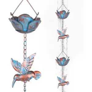 9.2ft Adjustable Outdoor Rain Chains for Gutters, Rain Catcher Chain with 6 Lotus Metal Cups & 7 Hummingbird Decor, Replacement Downspout for Drainage and Eaves Gutters
