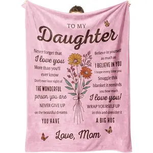 Mothers Day Birthday Gifts for Daughter, Daughter Gifts from Mom, to My Daughters Flannel Blanket with Flower, Graduation Gift for Daughters Adult, Daughter's Blanket from Mom Pink