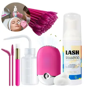 2.11 Floz Foaming Lash Shampoo Kit, Gentle Eyelash Extension Cleanser with USB Mini Lash Fan, Rinsing Bottle & Cleaning Brushes Set, Professional Lash Wash Tools for Salon Home Use (Rose Red)