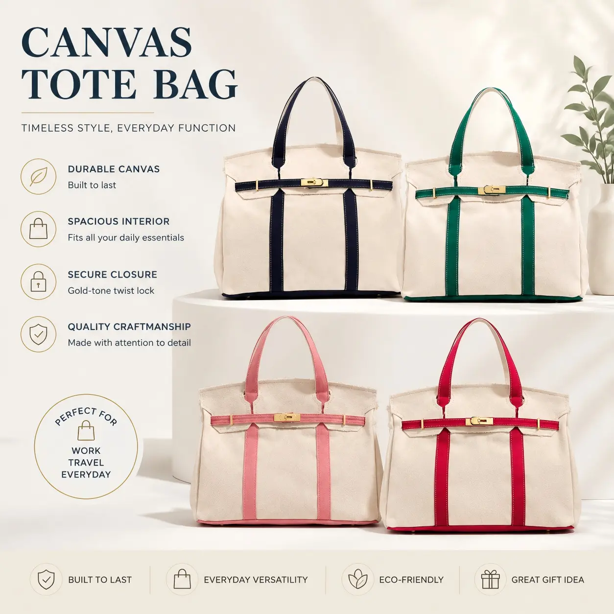 Women's Large Capacity Canvas Tote Bags, Lock Closure Work & Travel Gym Handbag for Sports & Outdoor Use