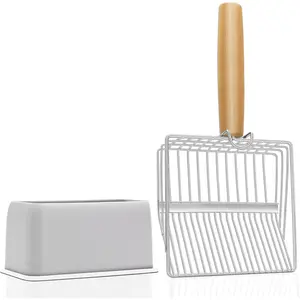 Quick Screening Cat Litter Scoop with Stand, 2 Slots Wide Stainless Steel Litter Scoop with Ergonomic Wooden Handle, Heavy Duty and Easy to Clean