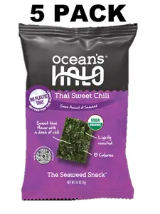 Ocean's Halo Thai Sweet Chili Organic Trayless Seaweed Snack 5 Pack Vegan Gluten-Free USDA Certified Non-GMO 0.14 oz