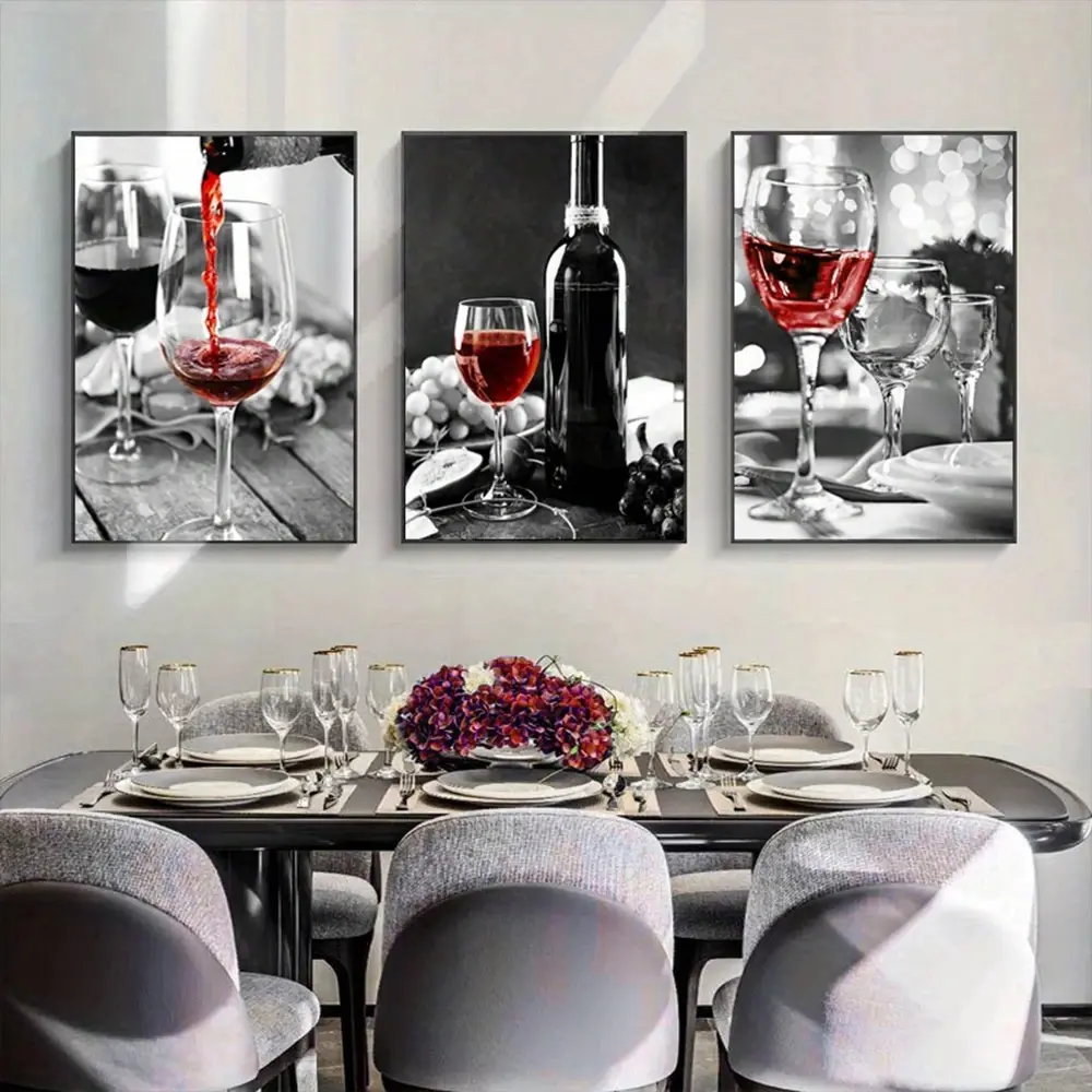 3pcs Frameless Kitchen Poster Red Wine and Bottle Picture Black White Drink Modern Wall Art Unframed Art Print Canvas Painting Dining Room Restaurant Decor Home Wall Art