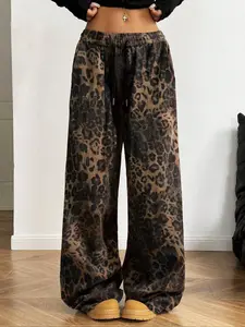 Women's leopard print wide-leg pants, Adjustable Drawstring, casual and loose fit, perfect for campus street style, music festivals & vacation outfits | #PunkFashion #LoosePants #EverydayWear
