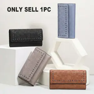 1pc Women Vintage Western Style Trifold Wallet, Embossed Rivet Design Large Capacity Clutch Purse, 12 Card Slots Phone Holder With Wrist Strap, Versatile PU Leather Wallet for Daily Commute Shopping Date