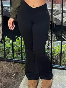 Women's Solid Fitted Flare Leg Pants, Casual Comfy Bell Bottom Trousers for Spring & Fall, Women's Bottoms for Daily Wear, Womenswear