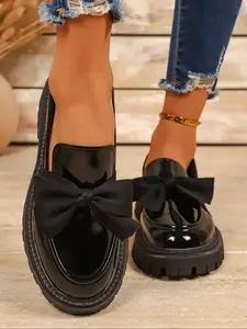 New Bow Loafers for Women, PU Leather Loafers, Thick Sole British Style Small Leather Shoes, Slip-On Jk Uniform Shoes, Casual Fashion Footwear