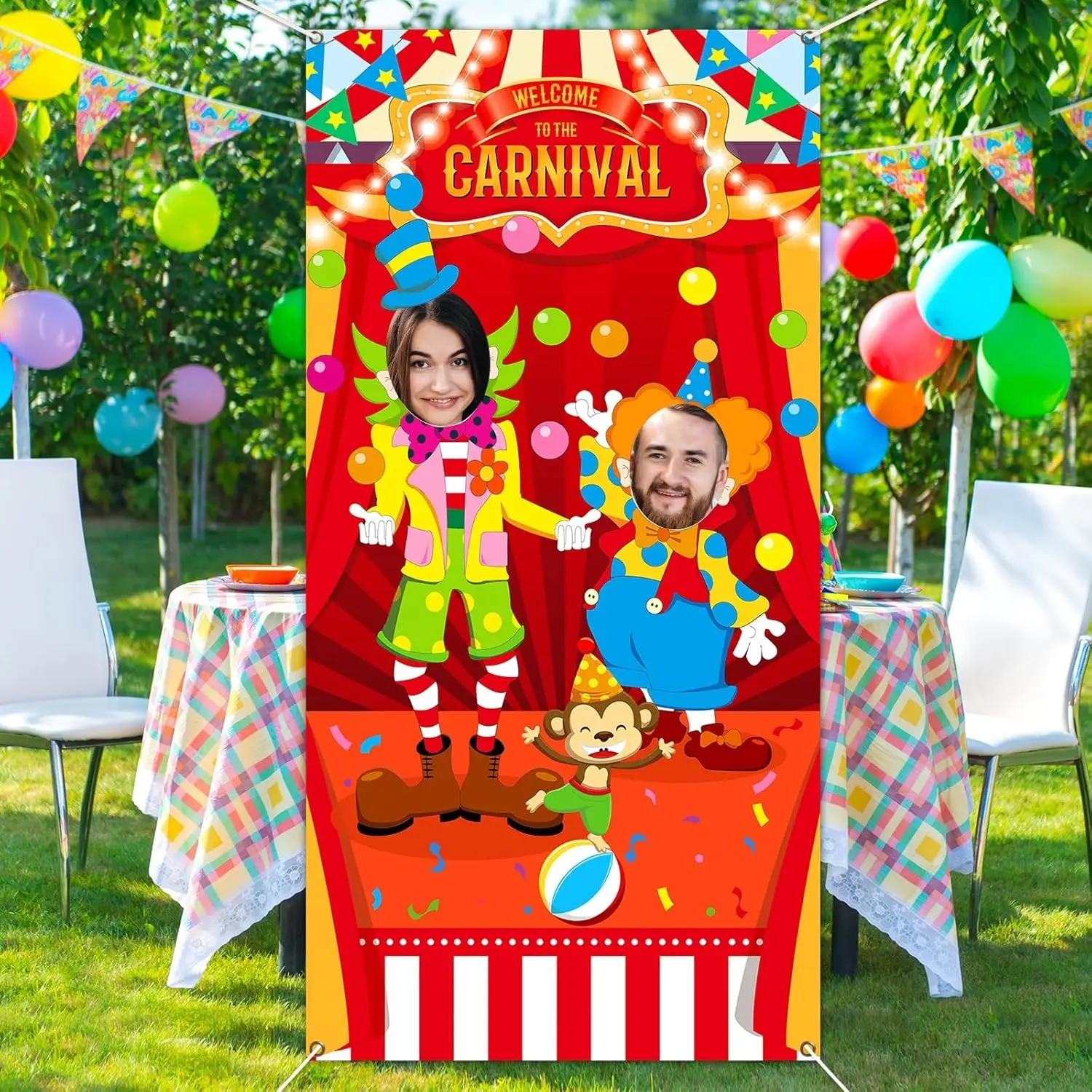 2D Flat Banner Door Cover, Carnival Circus Party Decoration, Birthday Party Decorations, Photo Booth Props, Clown Background, Birthday Shower Game Promo Item, No Power Needed, Decoration Banners