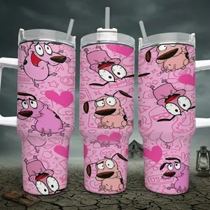 Courage The Cowardly Dog 40oz Tumbler, Y2K Pink Doodle Pattern Travel Mug, 90s Nostalgia Cartoon Puppy Cup with White Handle