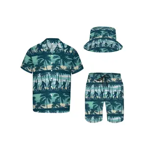 3pcs Men'S Hawaiian Shirt And Short Set, Gorilla Sasquatch Beach Coconut Trees Soft Fabric Breathable Shirt Button Short Sleeve Casual Beach Shirts Outfits With Bucket Hats Printed Tracksuit Print