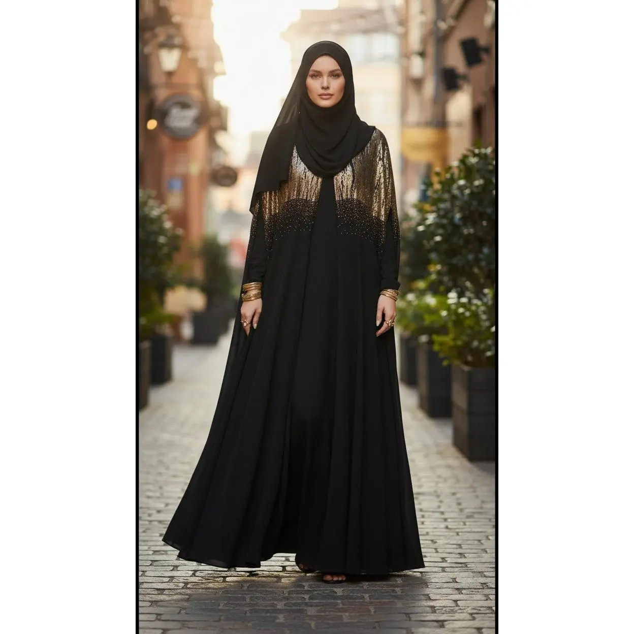 Women Modest Golden Glow 3-Piece Abaya Set