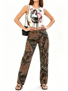 New women's street style irregular printed fashionable denim workwear straight leg pants camo cargo