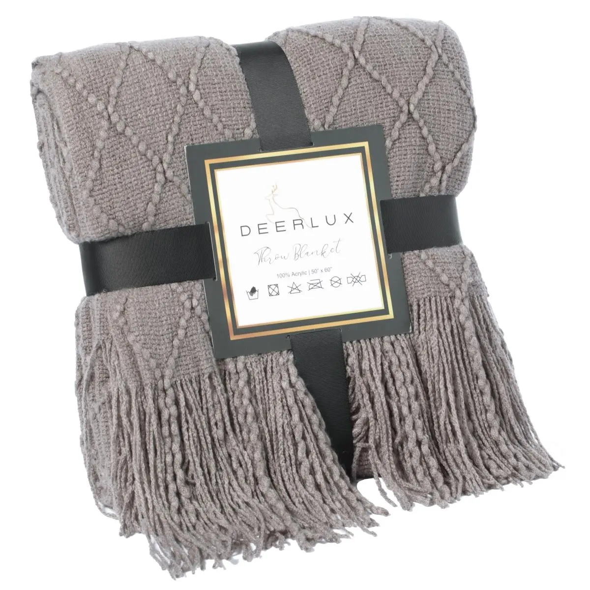 212 MAIN Classic All-Seasons Cozy Throw Blanket - 60" L x 50" W, Soft Comfy, Fade-Resistant Knitted Weave, Geometric Diamond Motif, Fringe Trim, Gray, Decorative Bedding Gift for Bed, Cozy Throw Blankets, Soft Comfy Blanket