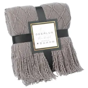212 MAIN Classic All-Seasons Soft Decorative Throw Blanket - 60x50 in, Fade-Resistant Knitted Weave, Diamond Motif, Fringe, Gray, Decorative Gift, Soft Blanket