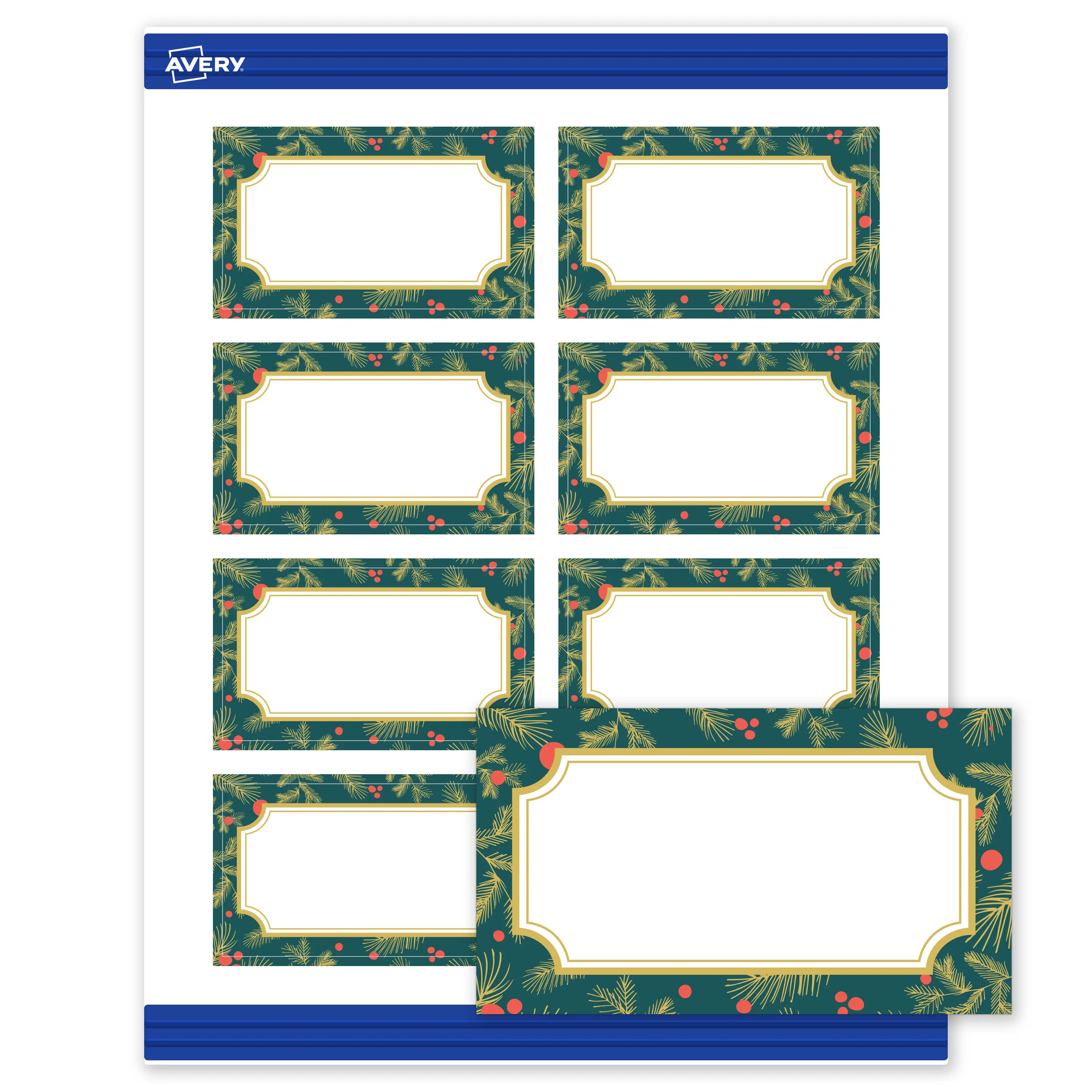 Avery® Printable Christmas Business Cards with Sure Feed® Technology, Rectangle, 2" x 3-1/2", Pre-Printed Teal & Metallic Gold Border with Holly Design, Matte White, Laser & Inkjet Compatible, 80 Total