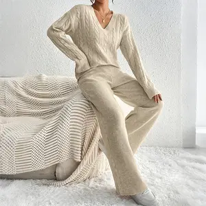 Cozy Cable Knit Lounge Set – Soft beige V-neck sweater with classic cable-knit detail, paired with matching wide-leg pants for effortless at-home eleganc-D241031