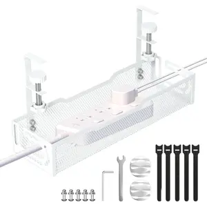 Under Desk Cable Management Tray, No Drill Mesh Desk Cable Tray, Wire Management Tray Cable Management Rack, Wire Organizer and Cable Management Box (White)