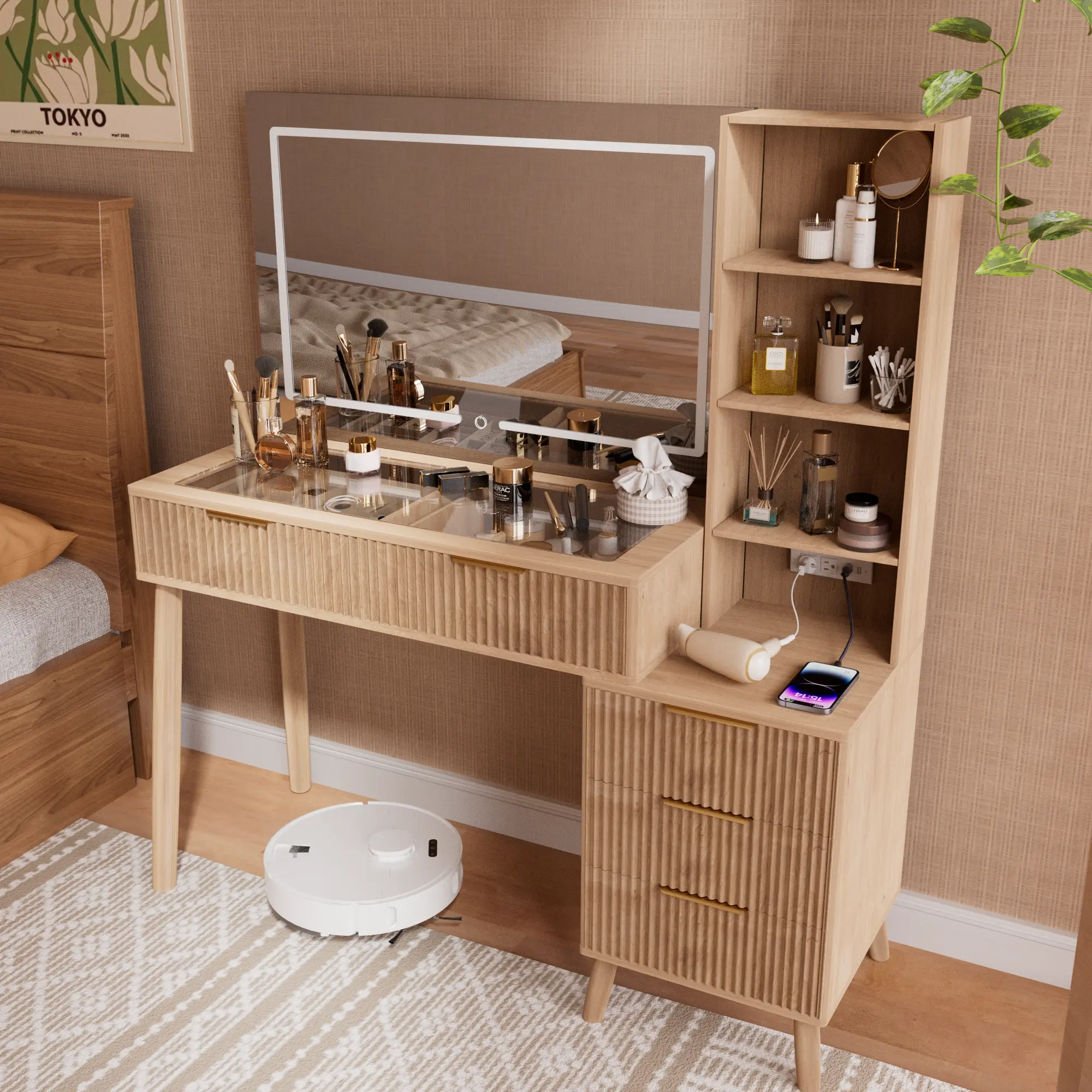 Sturdy Stable Light Brown Wooden Makeup Desk with 3-Color LED Mirror, Glass Top, Power Outlet, 5 Drawers, Matching Stool & Storage Organizer for Daily Makeup Organization, Vanity, Charge Hair Dryer
