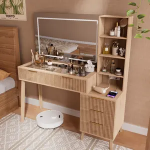 Light Brown Wooden Lighted Modern Dressing Table - Hippo Furniture Makeup Vanity with LED Mirror, Power Outlet, Glass Top, 5 Drawers, Stool & Vanity Storage Organizer