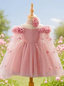 Toddler Girl's Flower Decor Tulle Formal Dress, Elegant Gorgeous Dress for School Performance Party Wedding, Kids Clothes for All Seasons