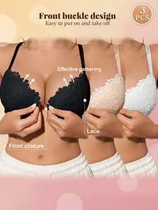 Ecomilky 3PCS Lace Front-Clasp Thin Cup Underwear Set for Women Elegant Everyday Style Versatile Design Comfort Aesthetics Push-Up Bra Womenswear Lingerie Minimalist Basic Black+White+Beige