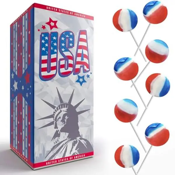 Patriotic USA Cherry Lollipops Hard Candy, Individually Wrapped in USA Flag Gift-Box (Half-Pound Box)